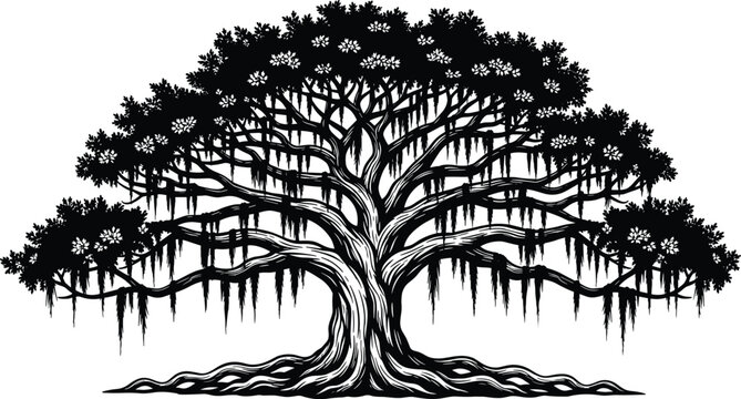 Ancient banyan tree illustration, detailed vintage tree with roots and hanging moss nature botanical vector design isolated graphic element