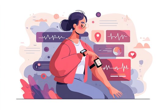 Woman checking wearable health devices and smartwatches with heart rate analytics and floating UI panels illustration
