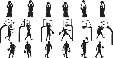 Basketball player silhouettes, sports action illustration, dunk vector design, shooting hoop graphic, athletic movement art, flat vector illustration, training concept © MDKhademul