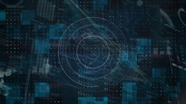 Animation of computer language over circles, loading bars, maps, globe on abstract background