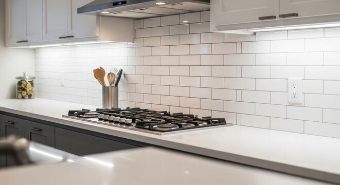 Modern Kitchen Countertop and White Subway Tile Backsplash with Dark Grey Grout Featuring a Gas Cooktop and Utensils