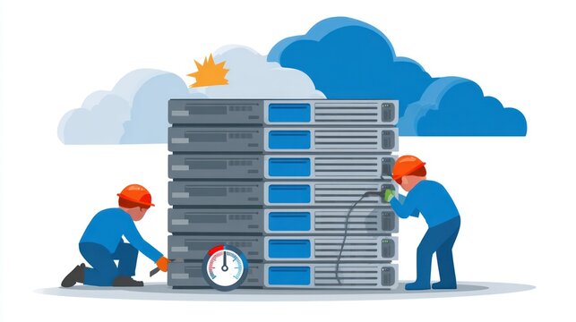 Two people service large server stack against sky, clouds, and sun illustration