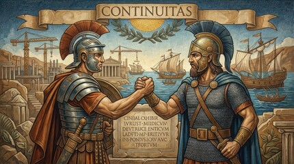 Obraz premium Historic Brotherhood Between Warriors in Ancient Maritime Cityscape