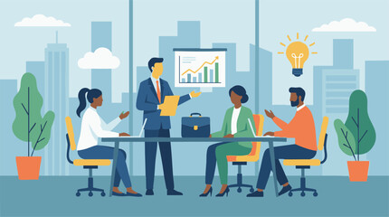 Fototapeta premium Business team presentation and discussion in modern office with growth chart
