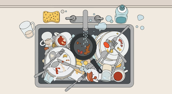 An overhead view of a kitchen sink filled with a pile of dirty plates and cups