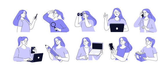 Woman in various poses use smartphone, laptop and other objects. Female character at work set. Business activities doodle vector illustration. 