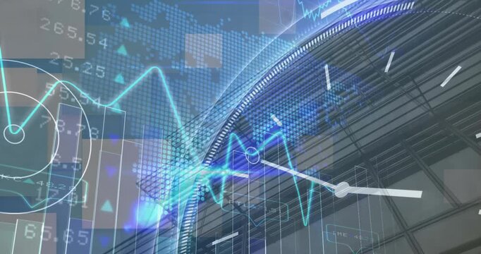 Animation of statistical, stock market data processing, world map, ticking clock over tall building