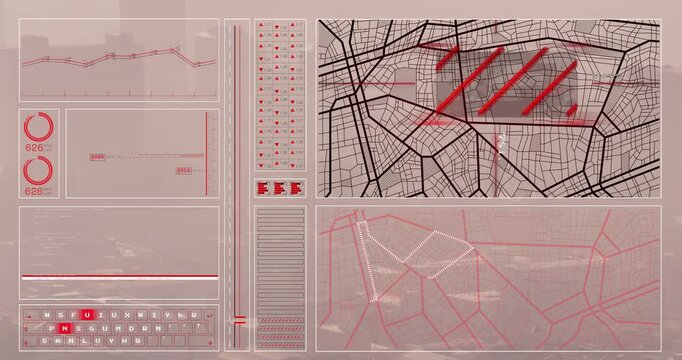 Animation of graph, loading circles, bars, navigation pattern and computer language over modern city