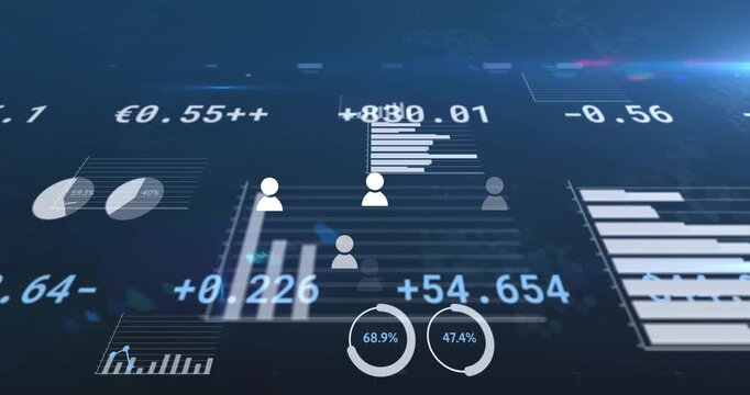 Animation of multiple profile icons floating over statistical data processing on blue background