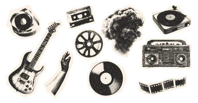 Photocopy effect music elements set. Turntable, vinyl record, hands, cassette. Paper stickers with vintage dot texture. Vector illustration.