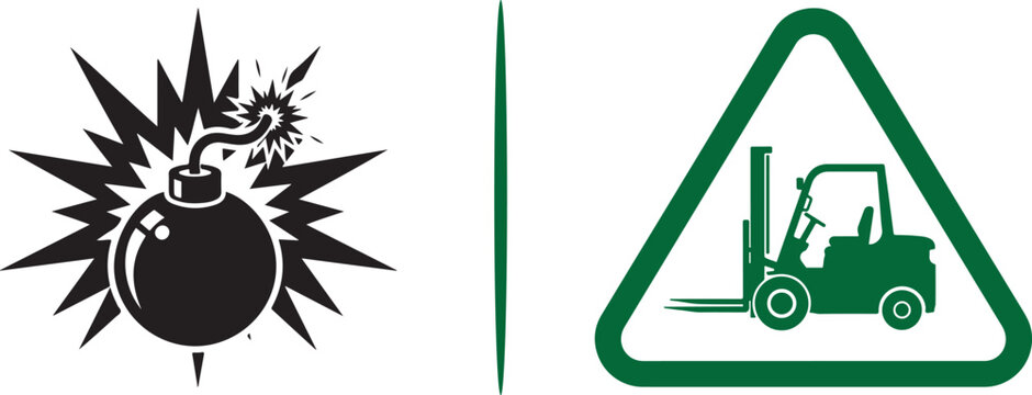 Dual-tone vector icons featuring a black exploding bomb symbol and a green triangular forklift safety sign. Represents explosion hazards and industrial vehicle awareness for site safety.