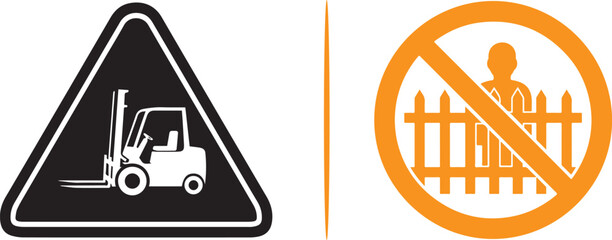 Dual-tone vector icons featuring a black forklift warning triangle and an orange circular prohibition sign for no unauthorized entry. Represents industrial site safety and restricted area access. © Muhammad
