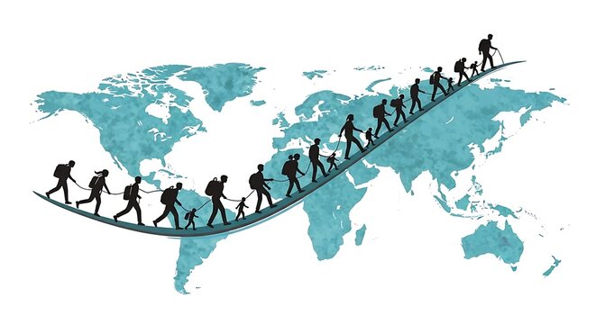 global migration and human journey across world map refugee movement concept.