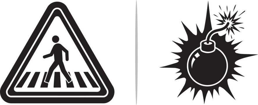 Black and white vector icons featuring a pedestrian crossing warning triangle and an exploding bomb symbol. Ideal for hazard notification, road safety, and danger alert themes.