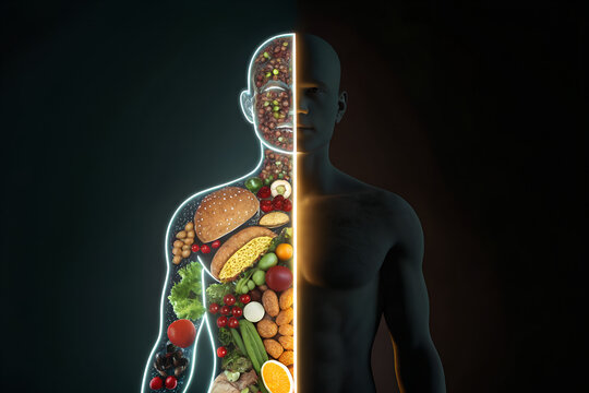 Human body silhouette with healthy food and junk food split down the middle, contrasting nutrition concepts in a dark background.