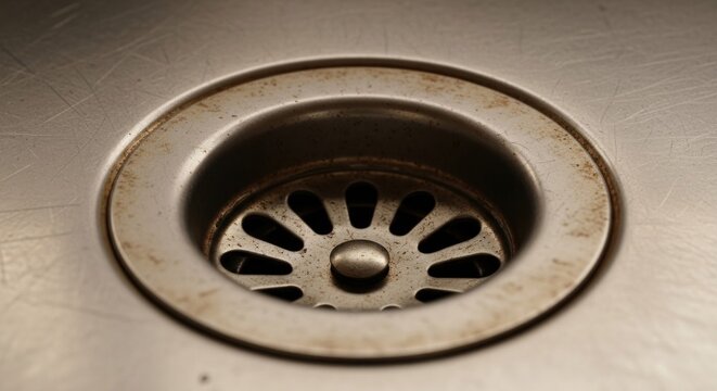 Closeup of a stainless steel kitchen sink drain.