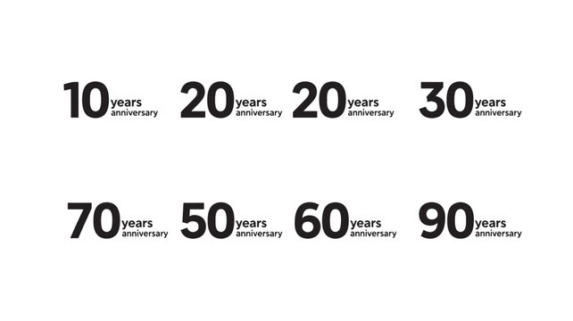 Anniversary number collection with years and text "years anniversary" in bold black font against a white background
