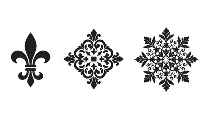 Fleur de lis, ornate square, and snowflake-like pattern set with intricate black flourishes on a white background © Moinul