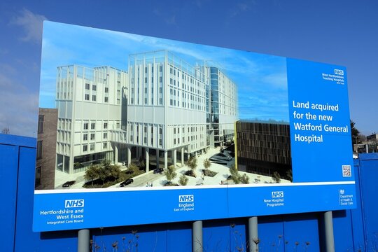 Sign announcing that land has been acquired for the construction of a new NHS hospital in Watford, Hertfordshire