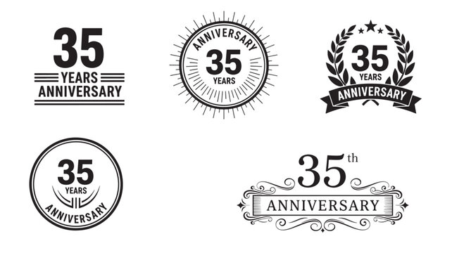 Anniversary badges set with the number 35 and decorative elements, celebrating a significant milestone.