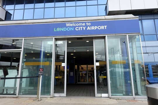 The entrance to London City Airport, an international airport in London, England. It is situated in the Royal Docks of the Borough of Newham.