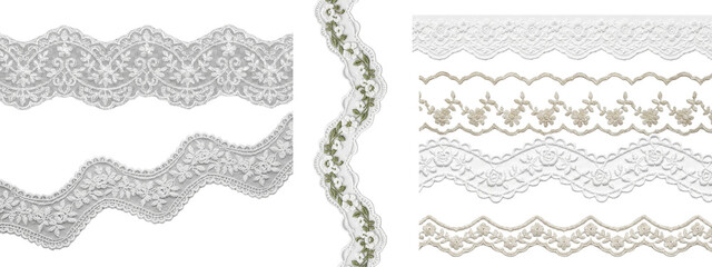White lace ribbon with floral embroidery, single piece, isolated on transparent background for craft projects.