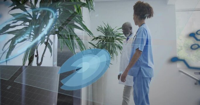 Nurse walking into corridor, causing holographic solar panels fading; doctor analyzing tablet