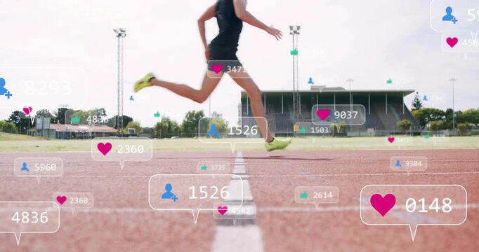 Social icons rising over red track then male sprinter sprinting across engagement icons for boost