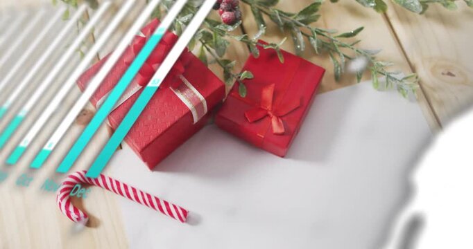 Bar chart sliding over gift boxes morphing into data overlays to illustrate sales then exiting