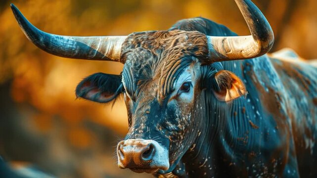 Video A close-up shot of a bull's head with impressive horns, suitable for use in agriculture or wildlife related contexts