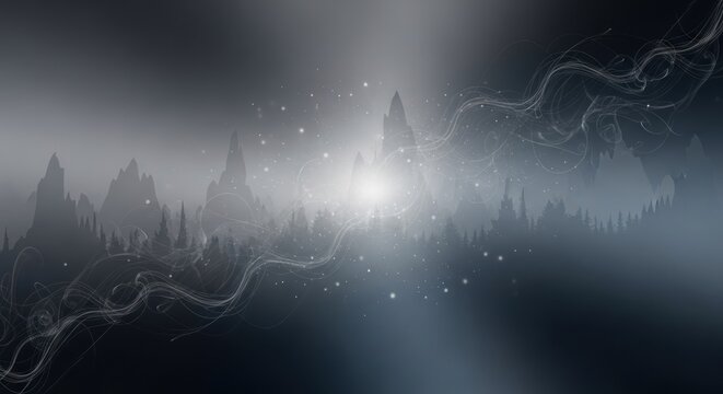 A mystical, ethereal landscape with silhouetted peaks and ethereal wisps of smoke or mist, illuminated by a bright, ethereal light source, creating a dreamlike, otherworldly atmosphere.