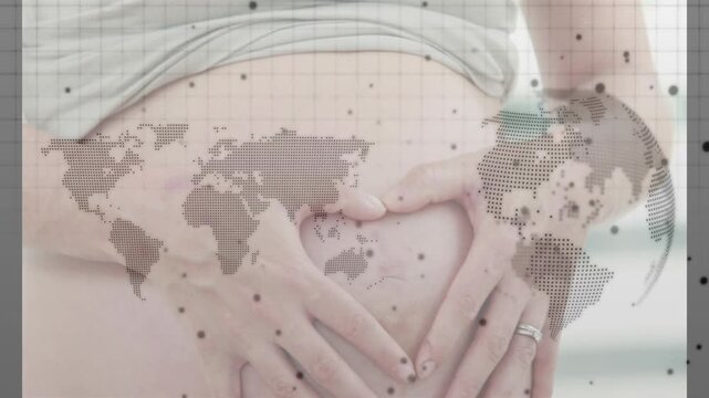 Pair of hands pressing then forming heart over belly, lifting tank top, showing care, overlaid map