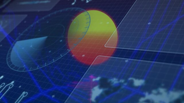 Radar dial starting rotation, wedge sweeping sphere while grid and panels pulsing, updating HUD