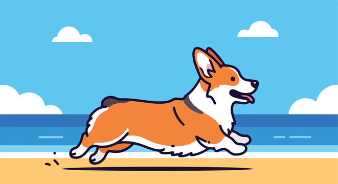 A flat vector illustration of a happy corgi dog running along a sandy beach