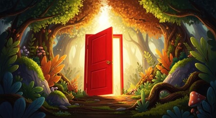 Fototapeta premium Enchanted Forest Portal A Red Doorway to Another World.