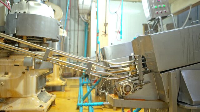 The sauce filling point into cans is one step in the process and production line of a canned fish factory