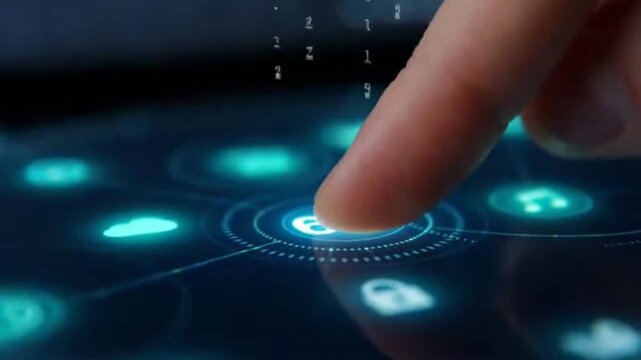 A finger activates a glowing blue button on a futuristic control panel with icons in a dark room