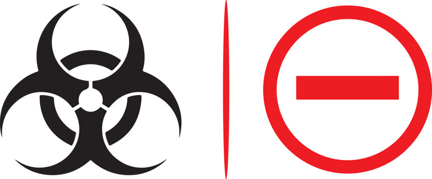 Vector safety set featuring a black biohazard symbol and a red "no entry" or restriction icon. Ideal for hazardous material zones, laboratory security, and site access control themes.