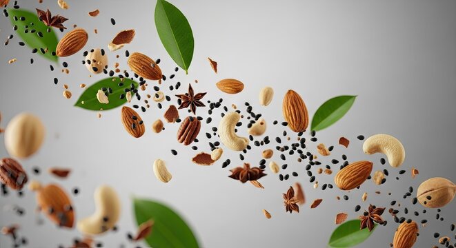 Flying nuts and seeds arrangement with green leaves against a light gray background