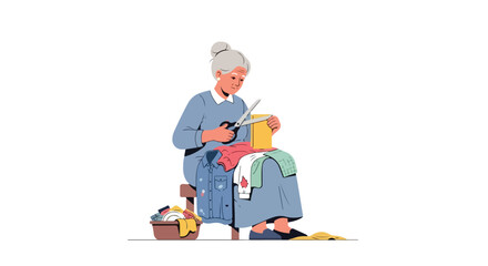 An elderly woman sitting on a stool while focused on cutting fabric with shears