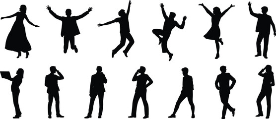 Fototapeta premium Diverse black silhouettes of people jumping for joy, talking on mobile phones, and working on laptops, representing success, happiness, and modern business communication.