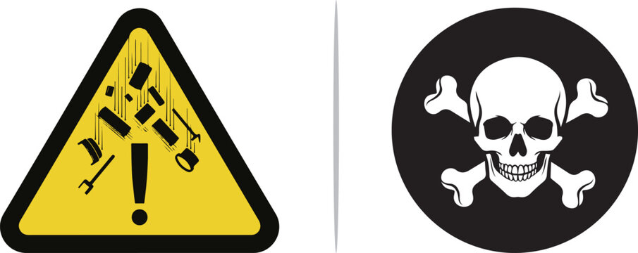 Dual-tone vector icons featuring a yellow triangle warning of falling debris/objects and a black circular skull and crossbones sign. Represents construction hazards and lethal danger alerts.