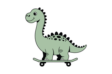 Fototapeta premium A charming light green cartoon dinosaur joyfully rides a black skateboard showcasing a playful design on transparent background high-quality professional.