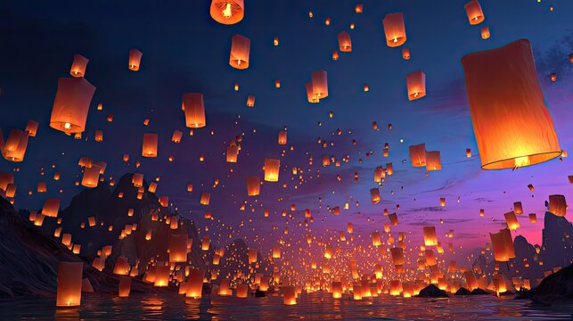 thousands of lanterns flying over water at sunset