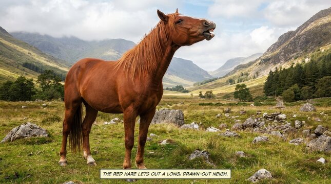 Majestic Red Horse Neighing in Scenic Mountain Landscape