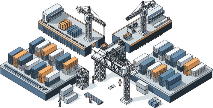 Isometric Logistics Hub Illustration with Shipping Containers, Gantry Cranes, and Industrial Cargo Terminal for Global Supply Chain and Freight Concepts