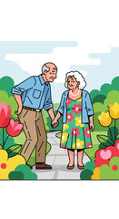 Fototapeta premium An elderly couple holding hands while walking on a path in a colorful garden