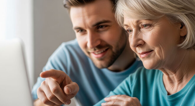 adult son helping mother with laptop technology assistance at home. Concept of digital learning and family support