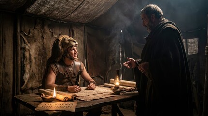 Obraz premium Conversation Between Two Historical Figures in Rustic Setting