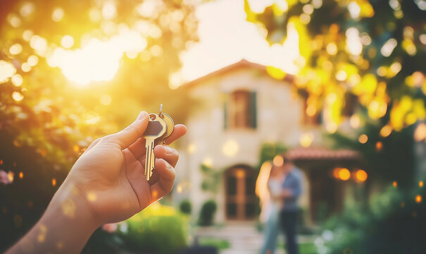 A close up photo of a hand holding a house keys to a new house. In the slightly blurred background, we see the new, modern Mediterranean house, and the happy couple who have just bought it.